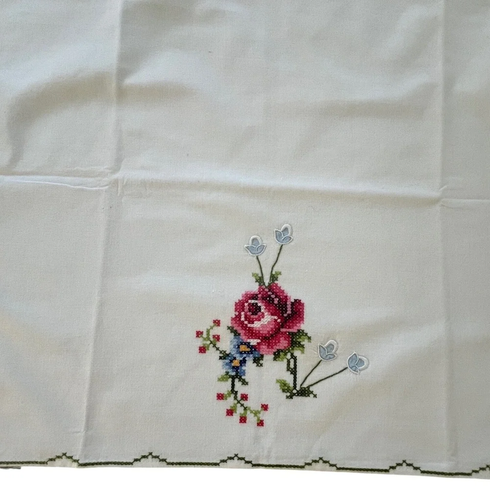 Vintage Cross Stitch Rose Pillowcase Pair White Cotton Floral Embroidery Cottage